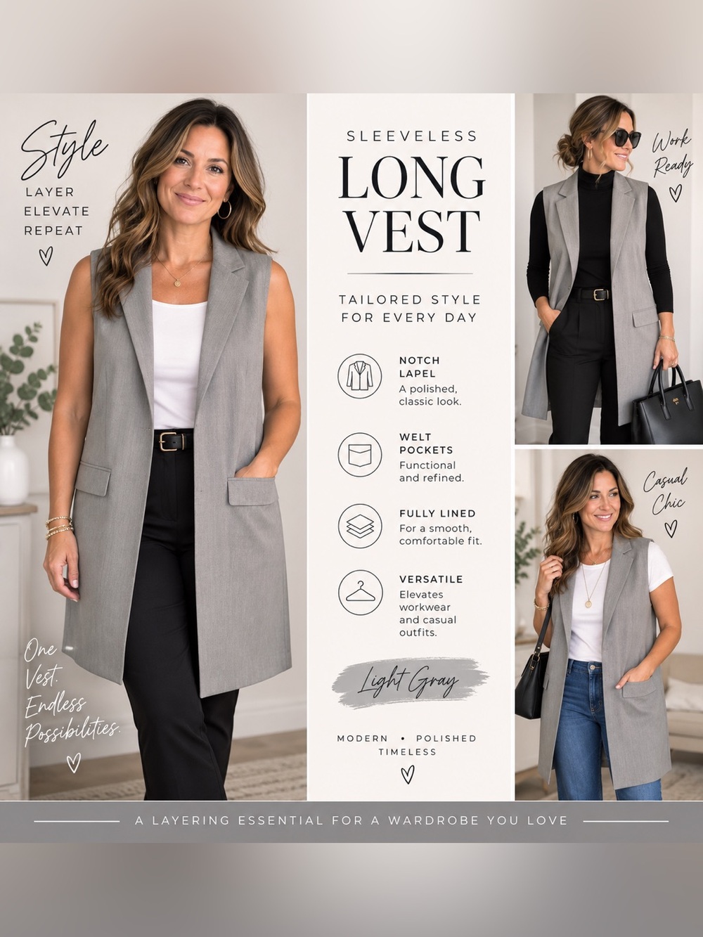 Sleeveless Long Vest Coat - Light Gray